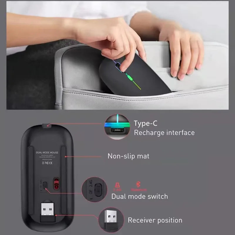 LED Wireless Bluetooth Mouse Rechargeable Silent Dual Mode for Laptop PC