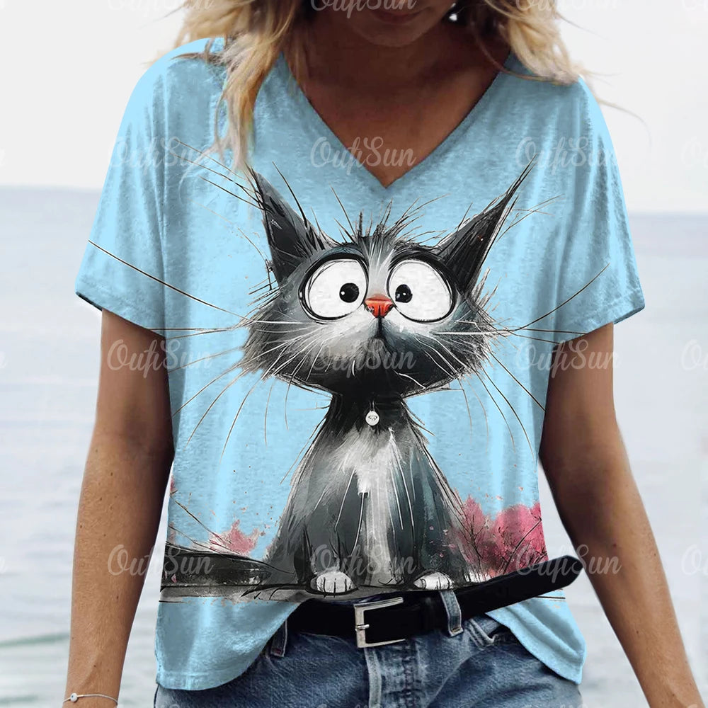 Women’s 3D Cat Print T-Shirt Casual Oversized Tee, Short Sleeve Crew Neck Streetwear