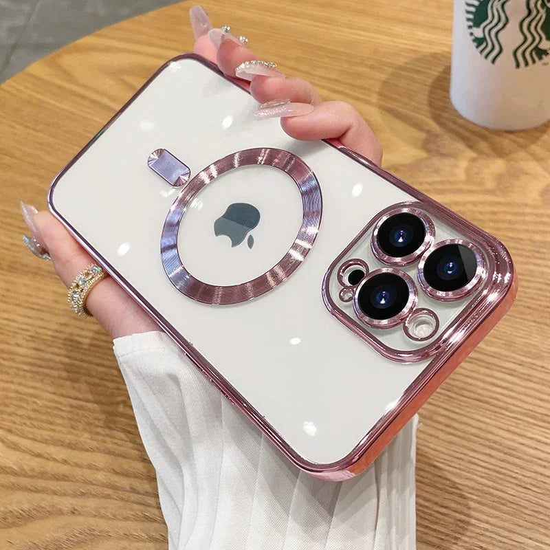 Magnetic Plating Case for iPhone 16 15 14 13 12 11 Pro Max Plus MagSafe Cover with Lens Protector