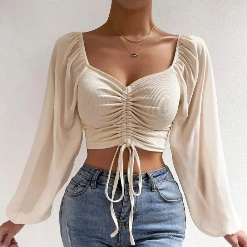 Sexy Women’s Mesh Lantern Sleeve T-Shirt Drawstring Wrap Chest, Bare Midriff, Long Sleeve, Bottoming Top