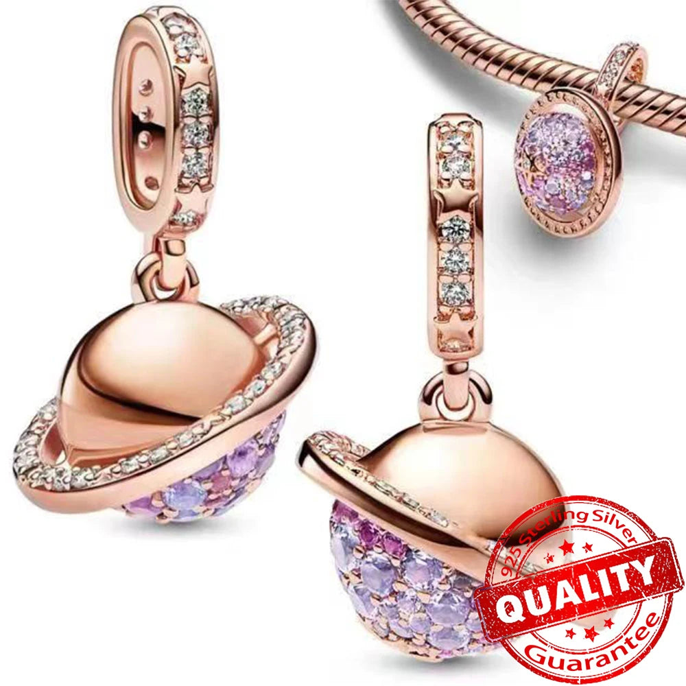 Rose Gold Triple-Row Cherry Blossom Dangle Charm for Silver Bracelet