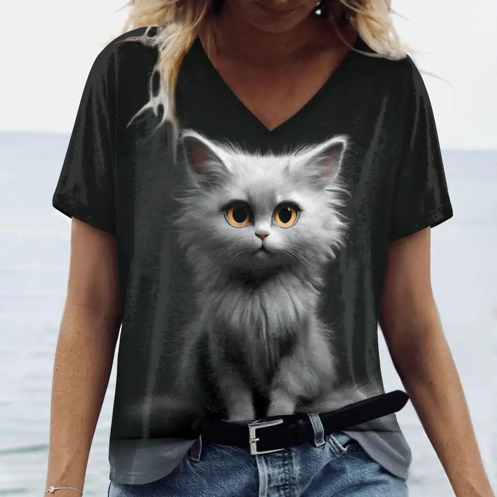 Women’s 3D Cat Print T-Shirt Casual Oversized Tee, Short Sleeve Crew Neck Streetwear