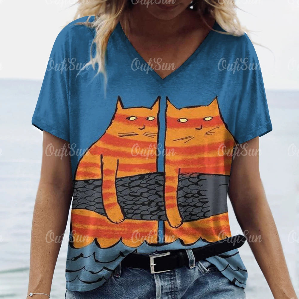 Women’s 3D Cat Print T-Shirt Casual Oversized Tee, Short Sleeve Crew Neck Streetwear