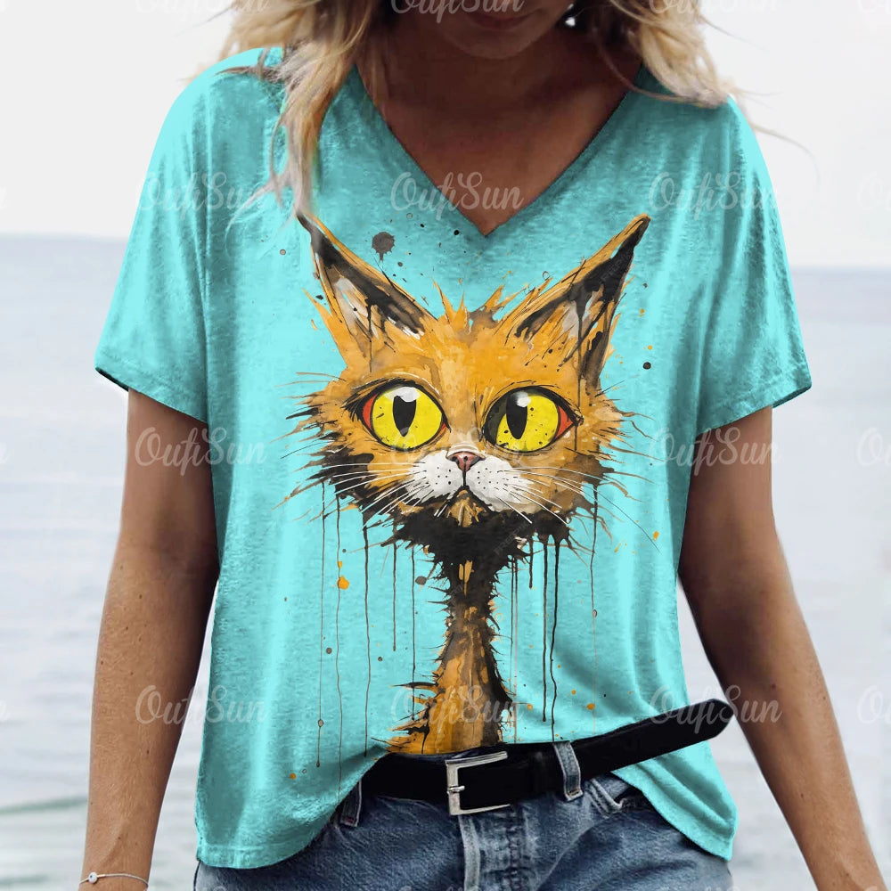Women’s 3D Cat Print T-Shirt Casual Oversized Tee, Short Sleeve Crew Neck Streetwear
