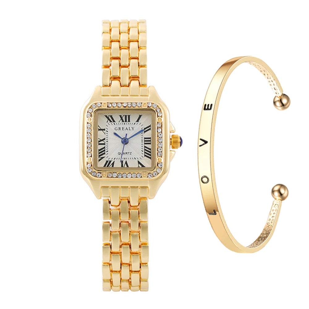 Women's Luxury Square Watch Gold Alloy Strap Quartz with Roman Numerals