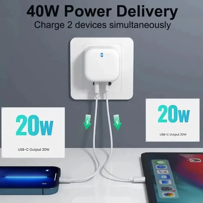 40W Dual USB-C PD Fast Wall Charger for iPhone 11-15 iPad Xiaomi Huawei