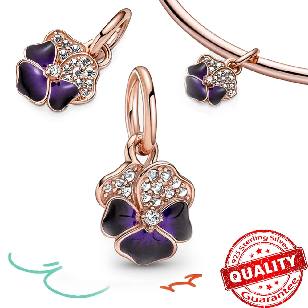 Rose Gold Triple-Row Cherry Blossom Dangle Charm for Silver Bracelet