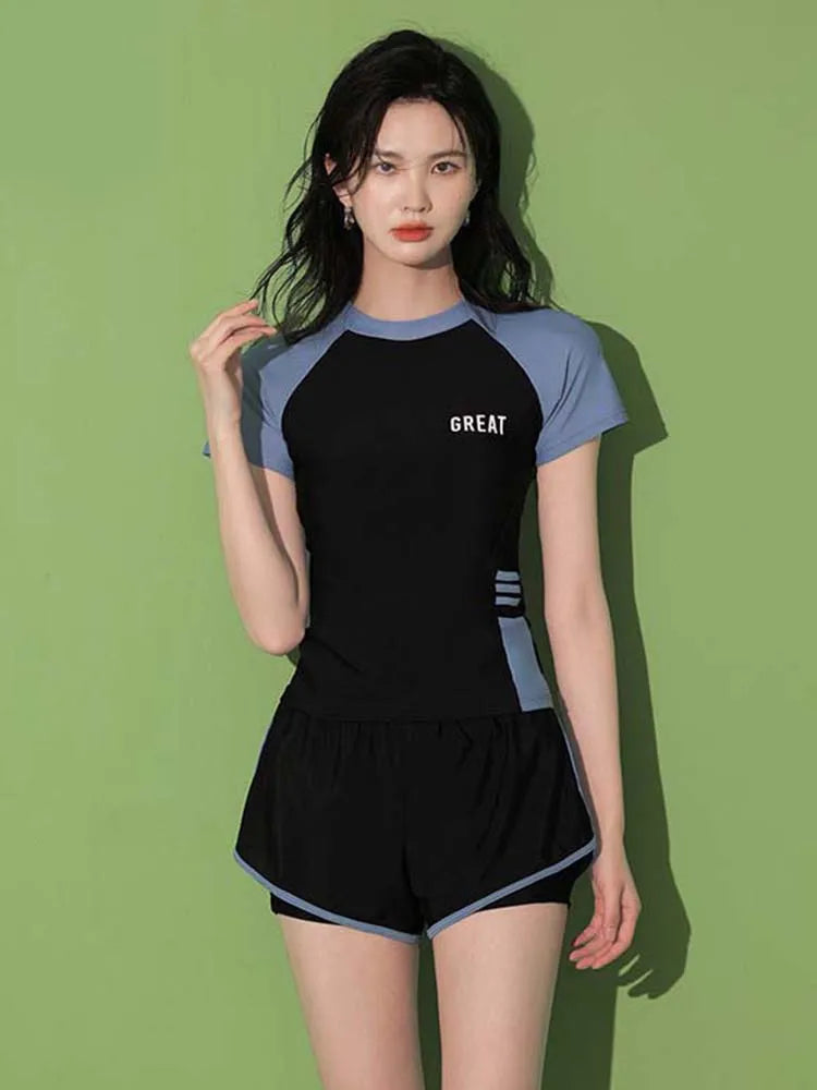 Women's Short Sleeve Two-Piece Swimsuit Sporty Patchwork Swimwear, Beach & Pool Wear"