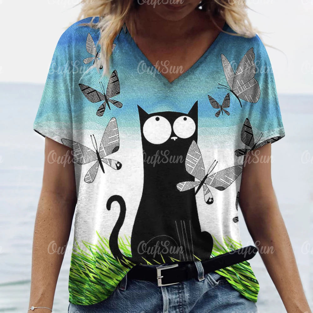 Women’s 3D Cat Print T-Shirt Casual Oversized Tee, Short Sleeve Crew Neck Streetwear