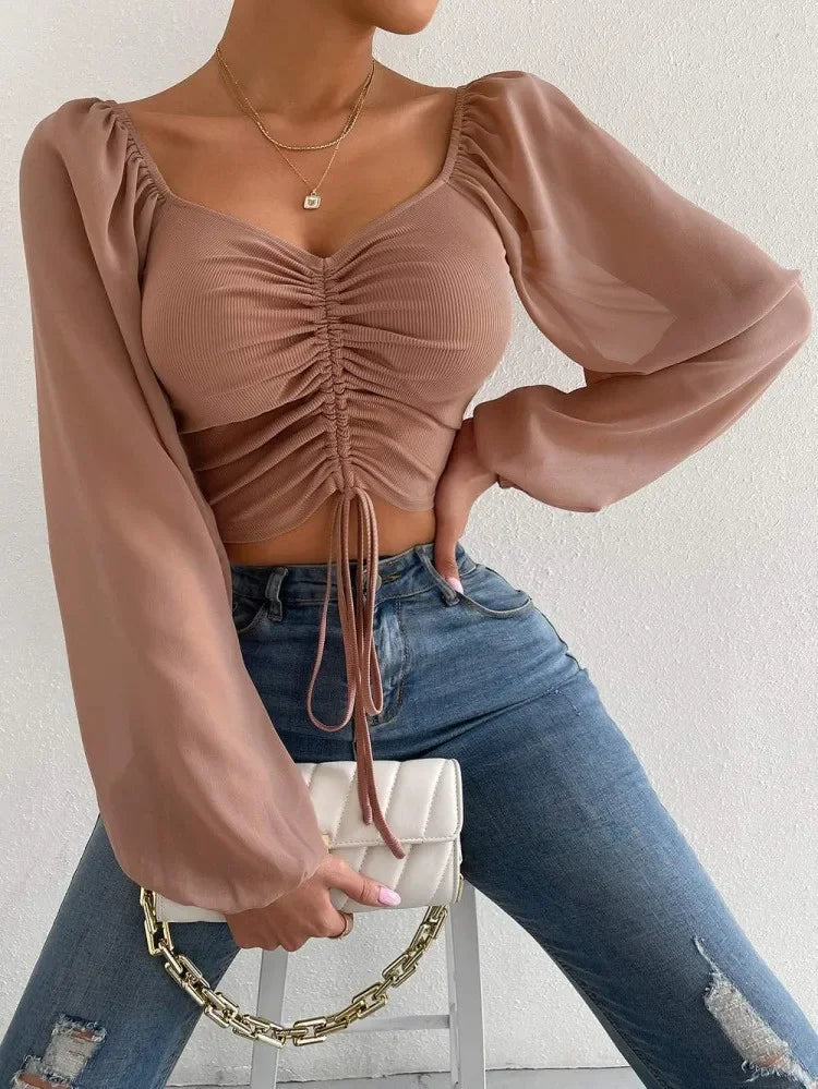 Sexy Women’s Mesh Lantern Sleeve T-Shirt Drawstring Wrap Chest, Bare Midriff, Long Sleeve, Bottoming Top