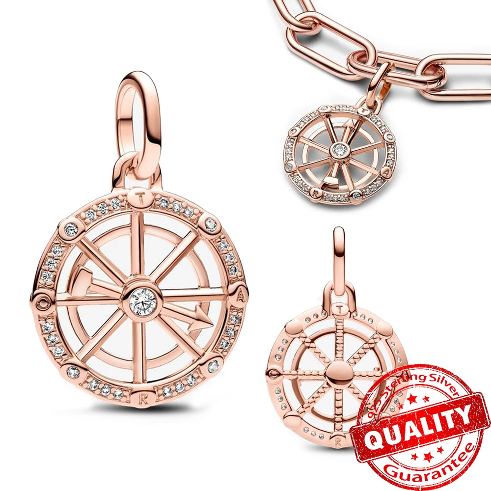 Rose Gold Triple-Row Cherry Blossom Dangle Charm for Silver Bracelet