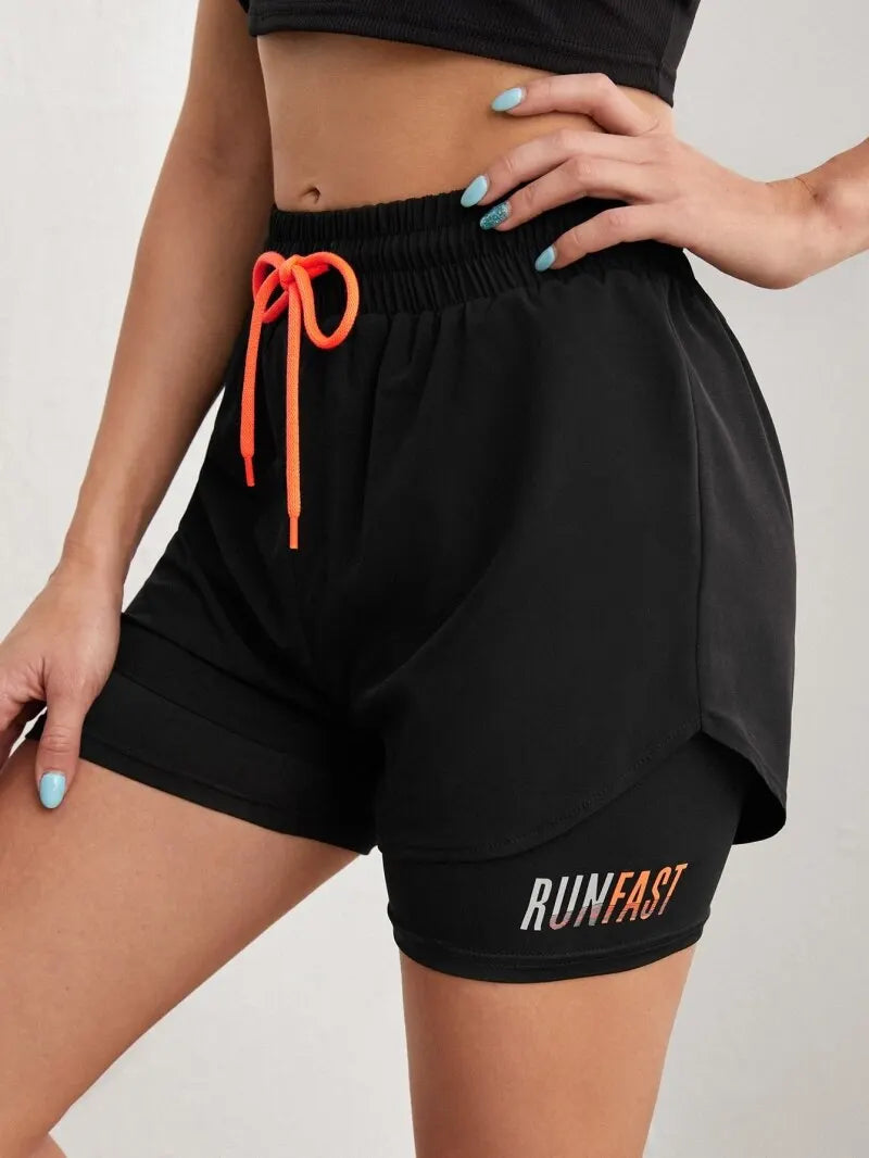 Women's High Rise Yoga Shorts Elastic Waist 2-Piece Running Workout Pants