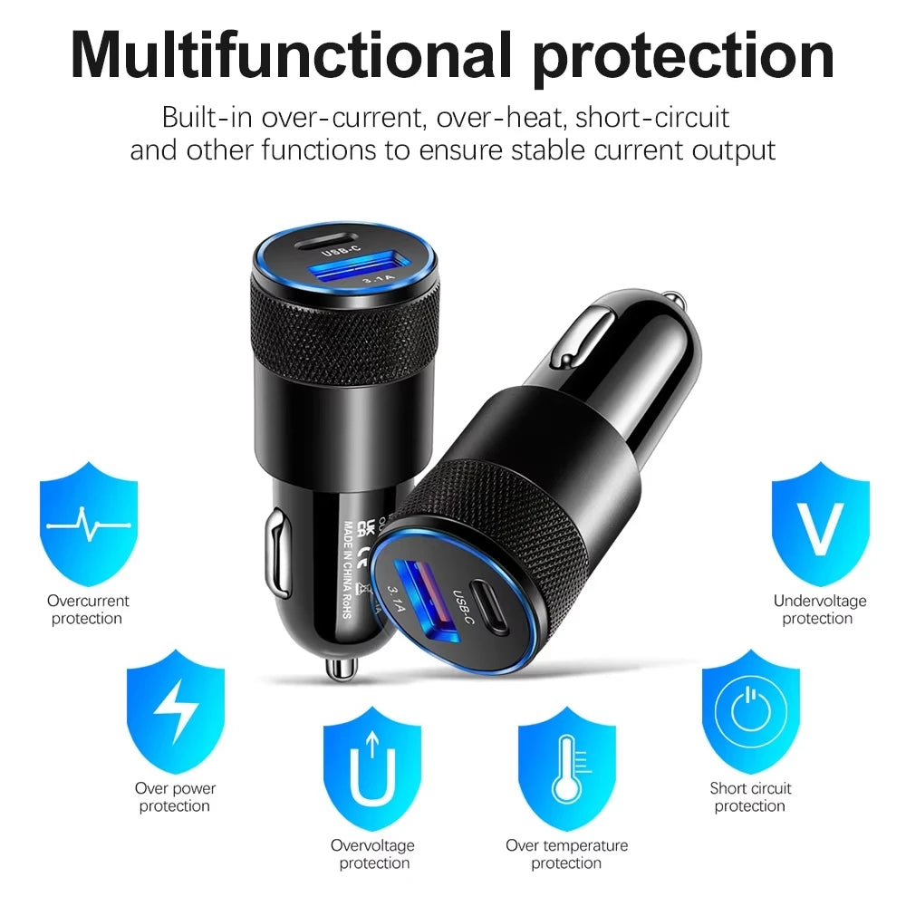 3.1A USB PD Car Charger Type C Fast Charging Car Phone Adapter For iPhone Xiaomi Huawei Car Cigarette Lighter Quick Charger