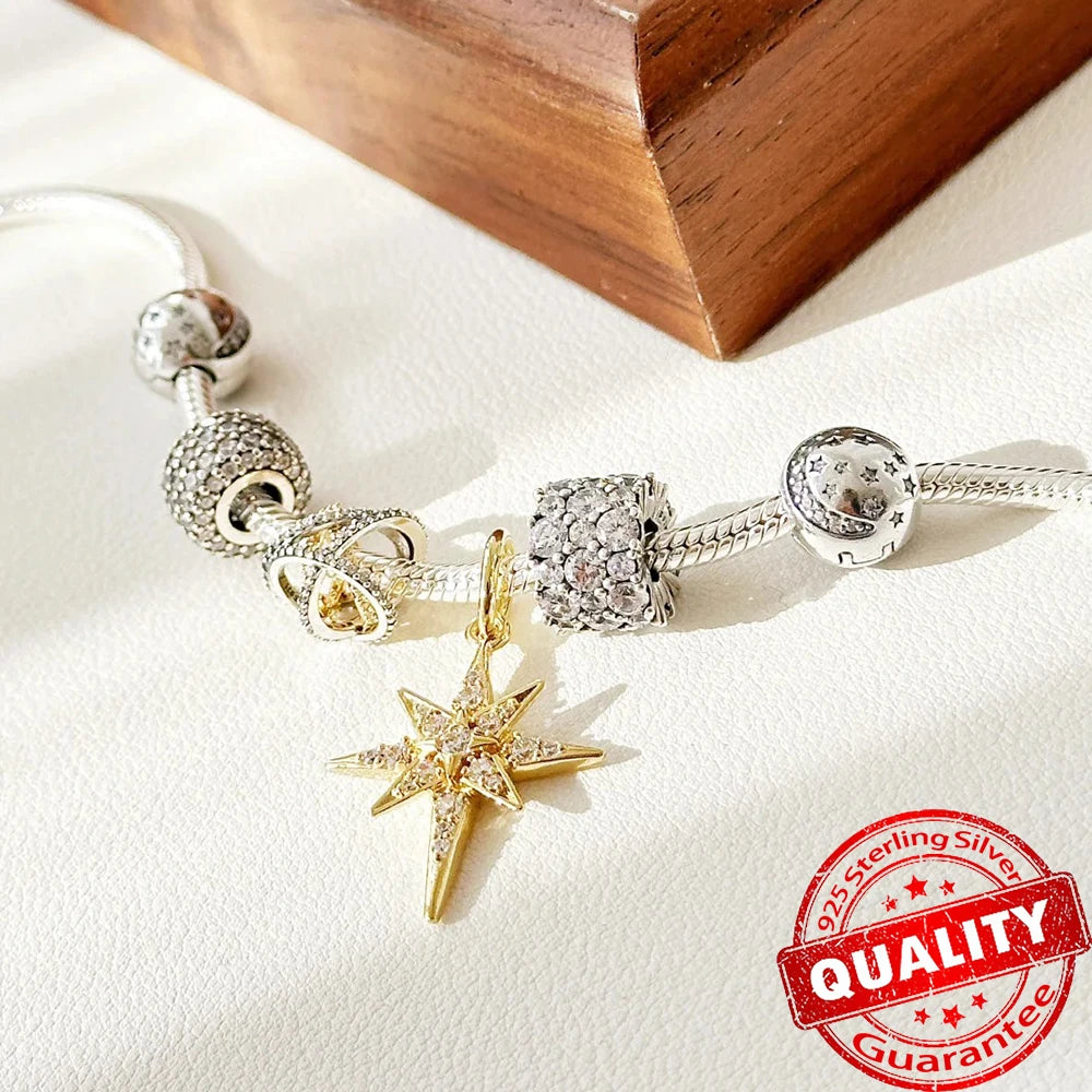 925 Silver Lucky Star & Heart Dice Bow Dangle Charm for Bracelet Gift