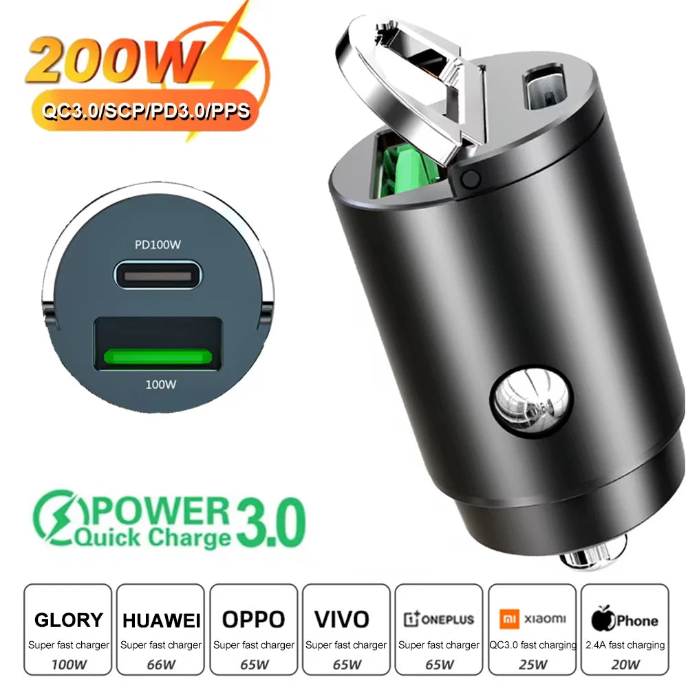 200W Dual USB Car Charger – Fast Charging 12-24V Cigarette Lighter Adapter