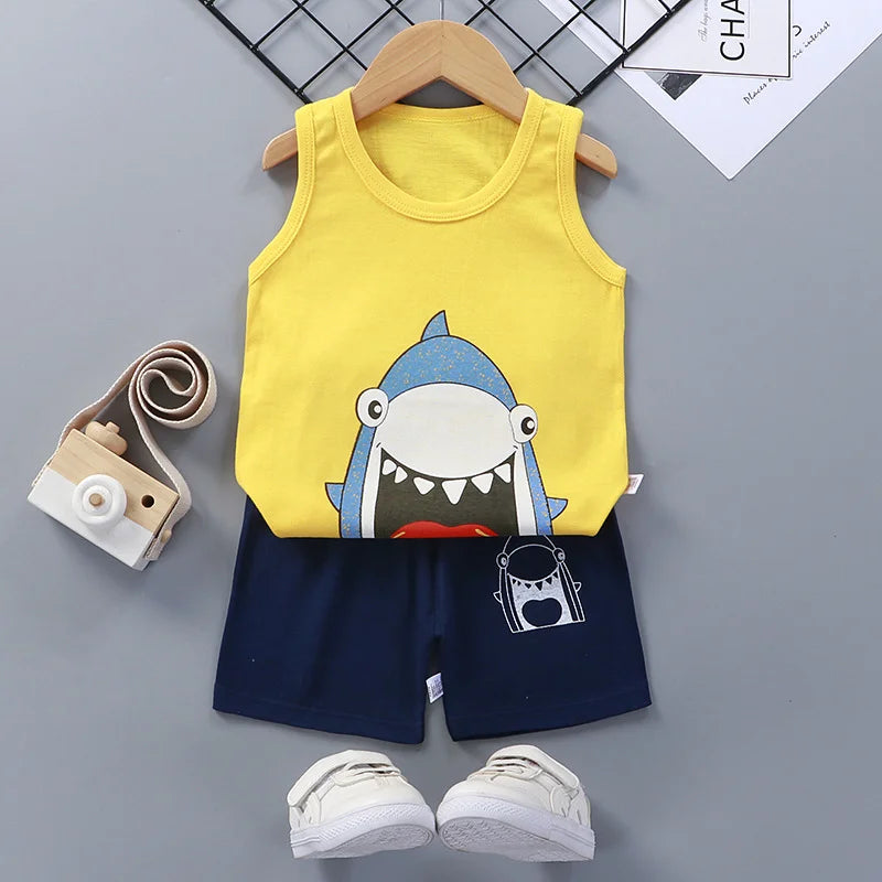 Kids Summer Outfit Vest & Shorts Set Baby Boys Girls Cotton Sleeveless