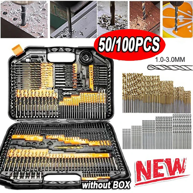 Titanium Coated Drill 100/50Pcs Bits HSS High Speed Steel Set Tool Quality Power Tools 1/1.5/2/2.5/3mm