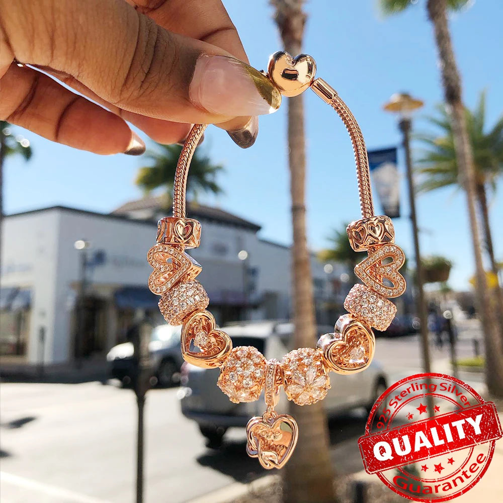 Rose Gold Triple-Row Cherry Blossom Dangle Charm for Silver Bracelet