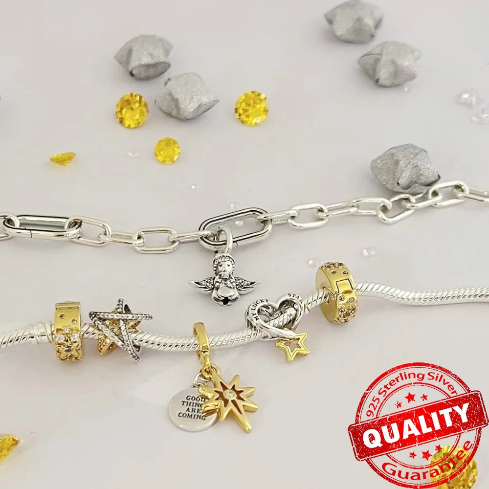 925 Silver Lucky Star & Heart Dice Bow Dangle Charm for Bracelet Gift