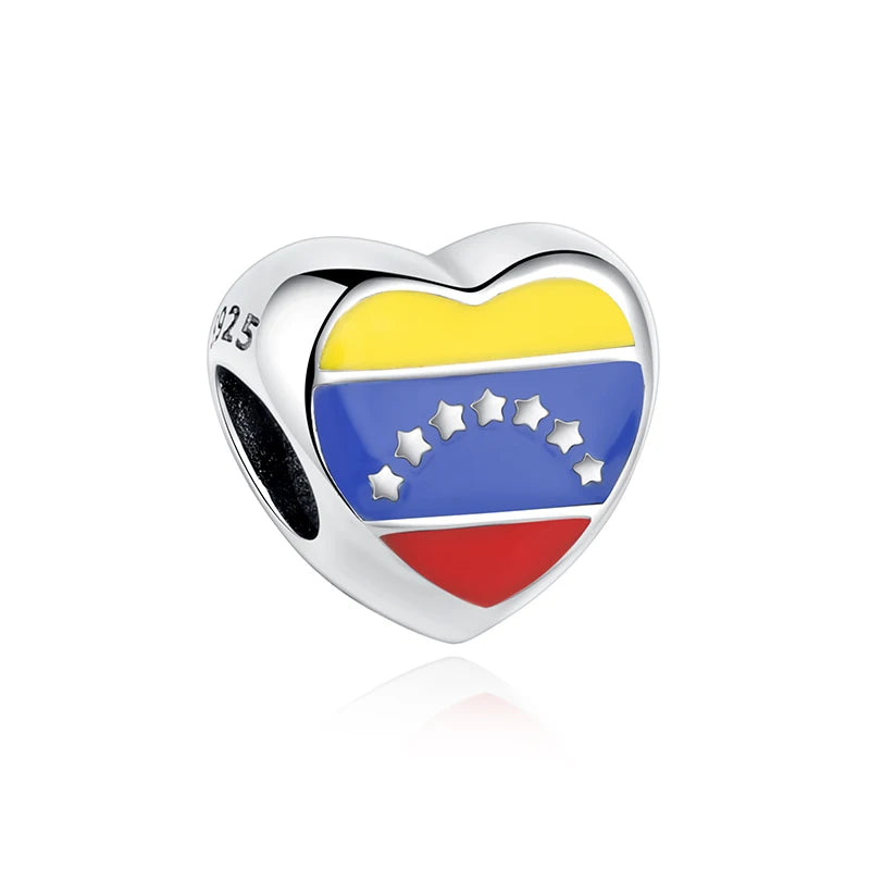 Sterling Silver Venezuela Flag Heart Charm Bead for Bracelet Necklace