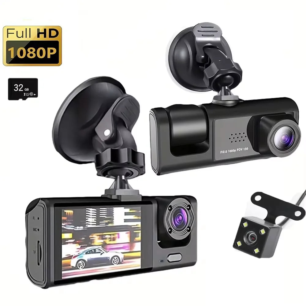 3-Channel Dash Cam 1080P HD Car DVR Front Inside Rear Camera Recorder