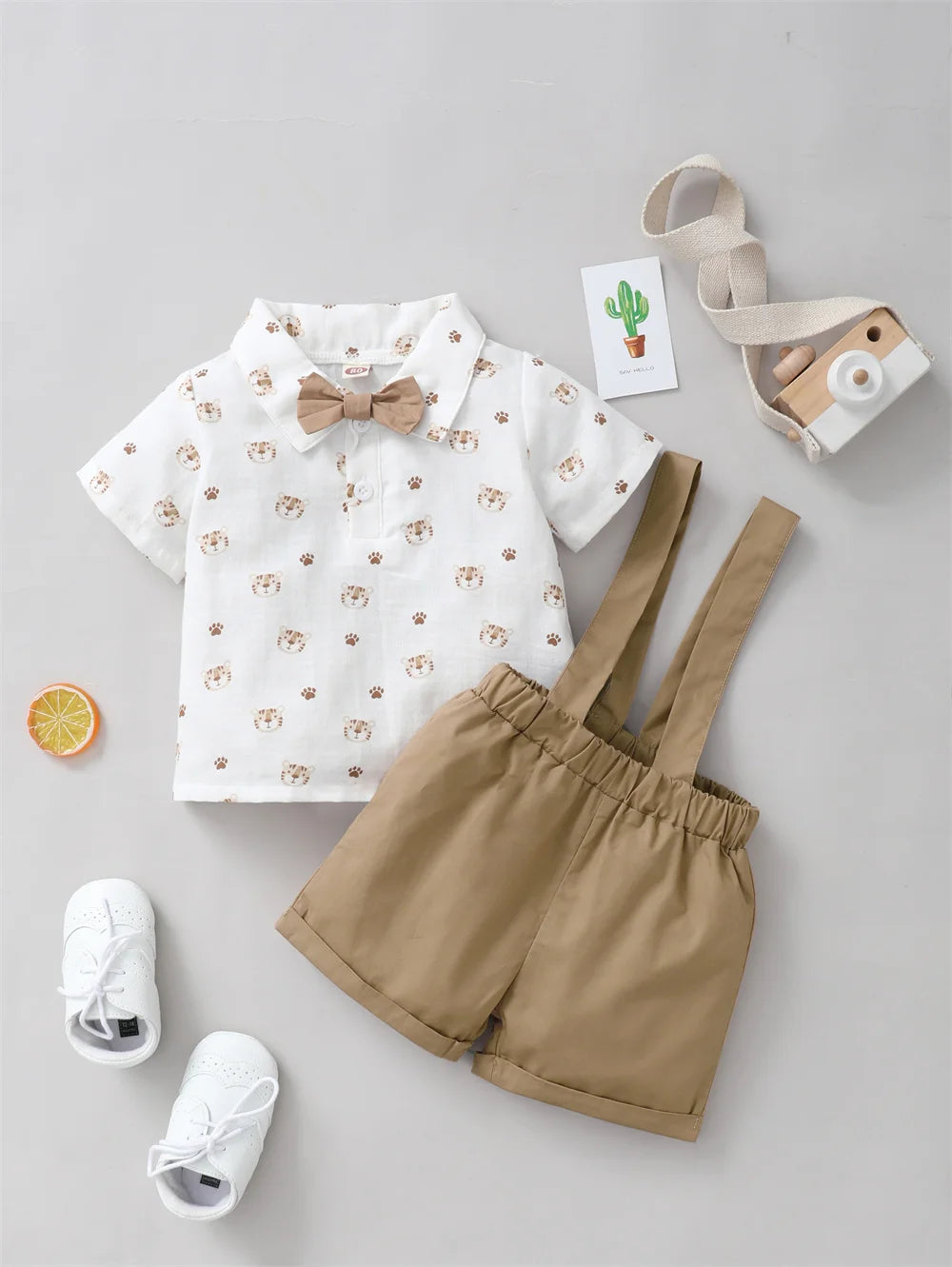 2PCS Baby Boy Outfit Tiger Print Shirt & Strap Shorts Birthday Party Set
