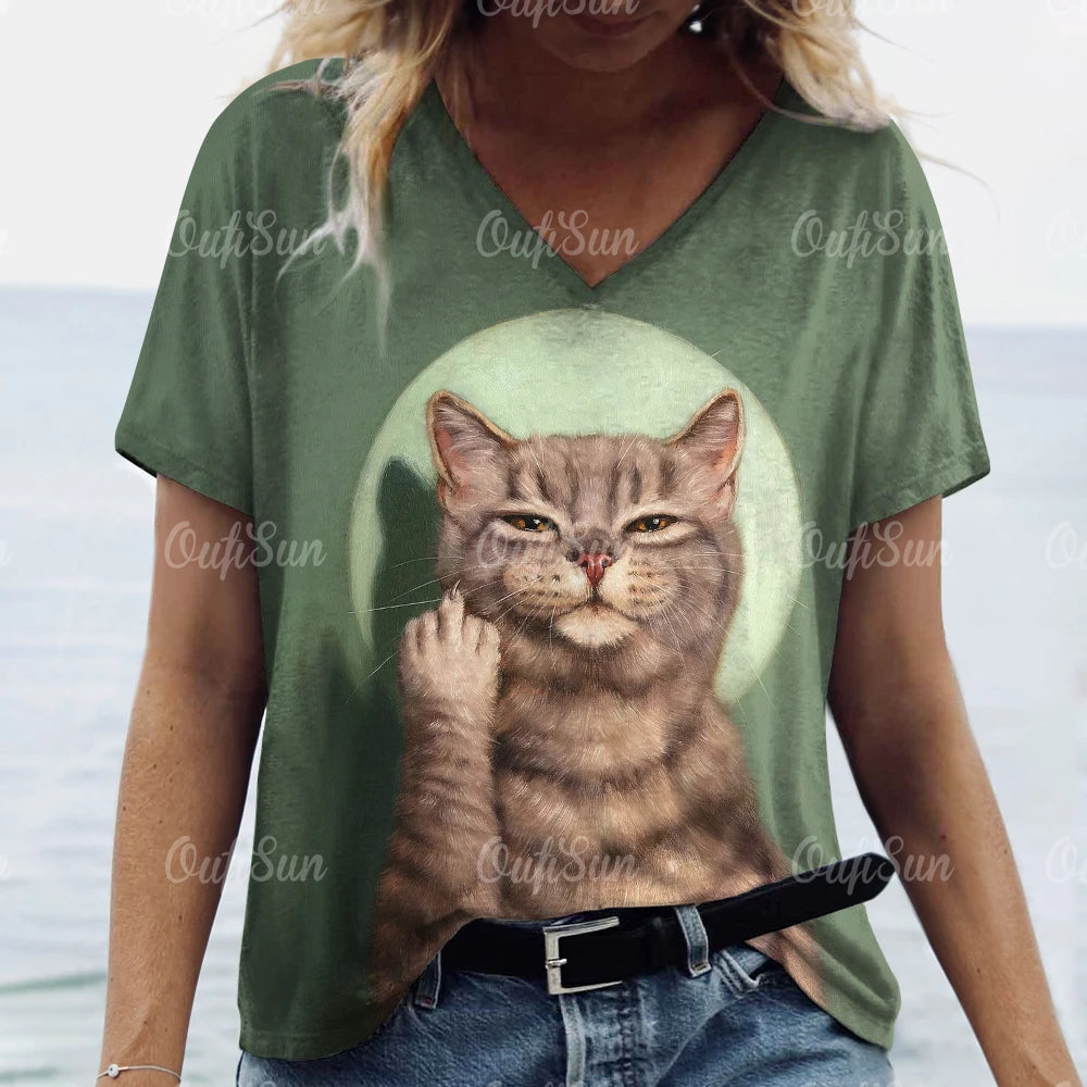 Women’s 3D Cat Print T-Shirt Casual Oversized Tee, Short Sleeve Crew Neck Streetwear
