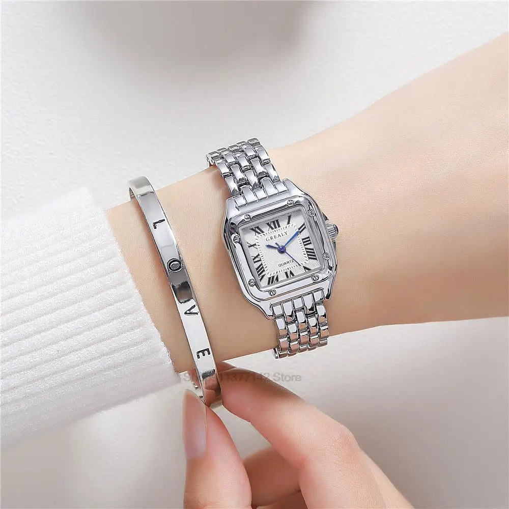 Women's Luxury Square Watch Gold Alloy Strap Quartz with Roman Numerals