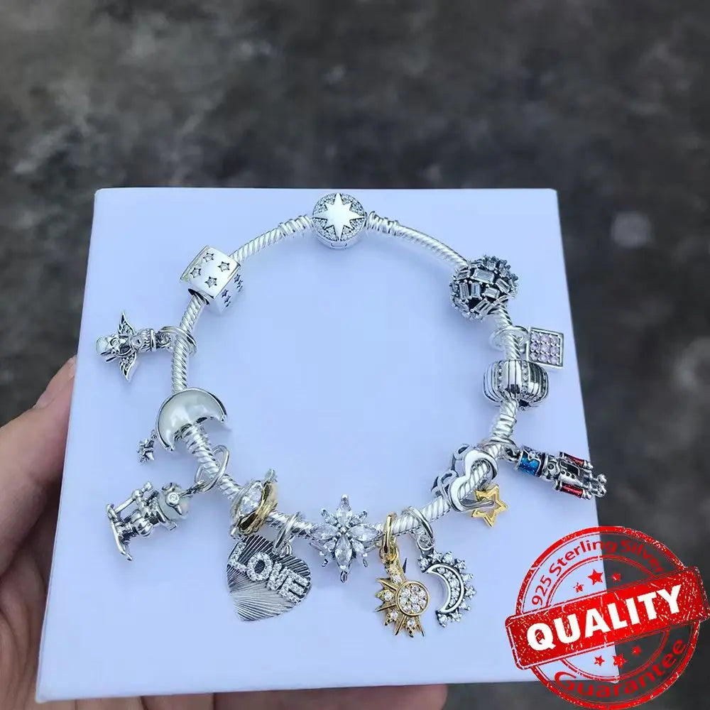 925 Silver Lucky Star & Heart Dice Bow Dangle Charm for Bracelet Gift