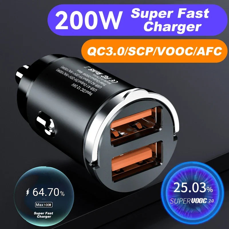 200W Dual USB Car Charger – Fast Charging 12-24V Cigarette Lighter Adapter
