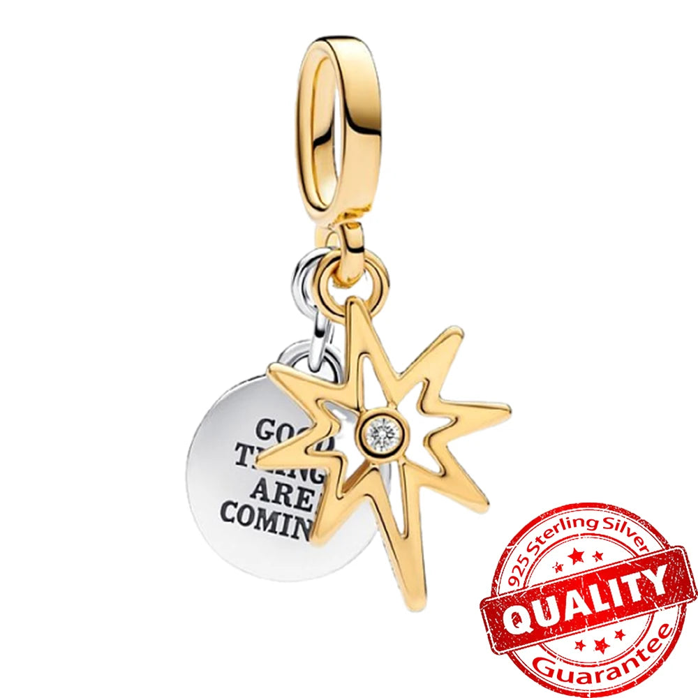 925 Silver Lucky Star & Heart Dice Bow Dangle Charm for Bracelet Gift