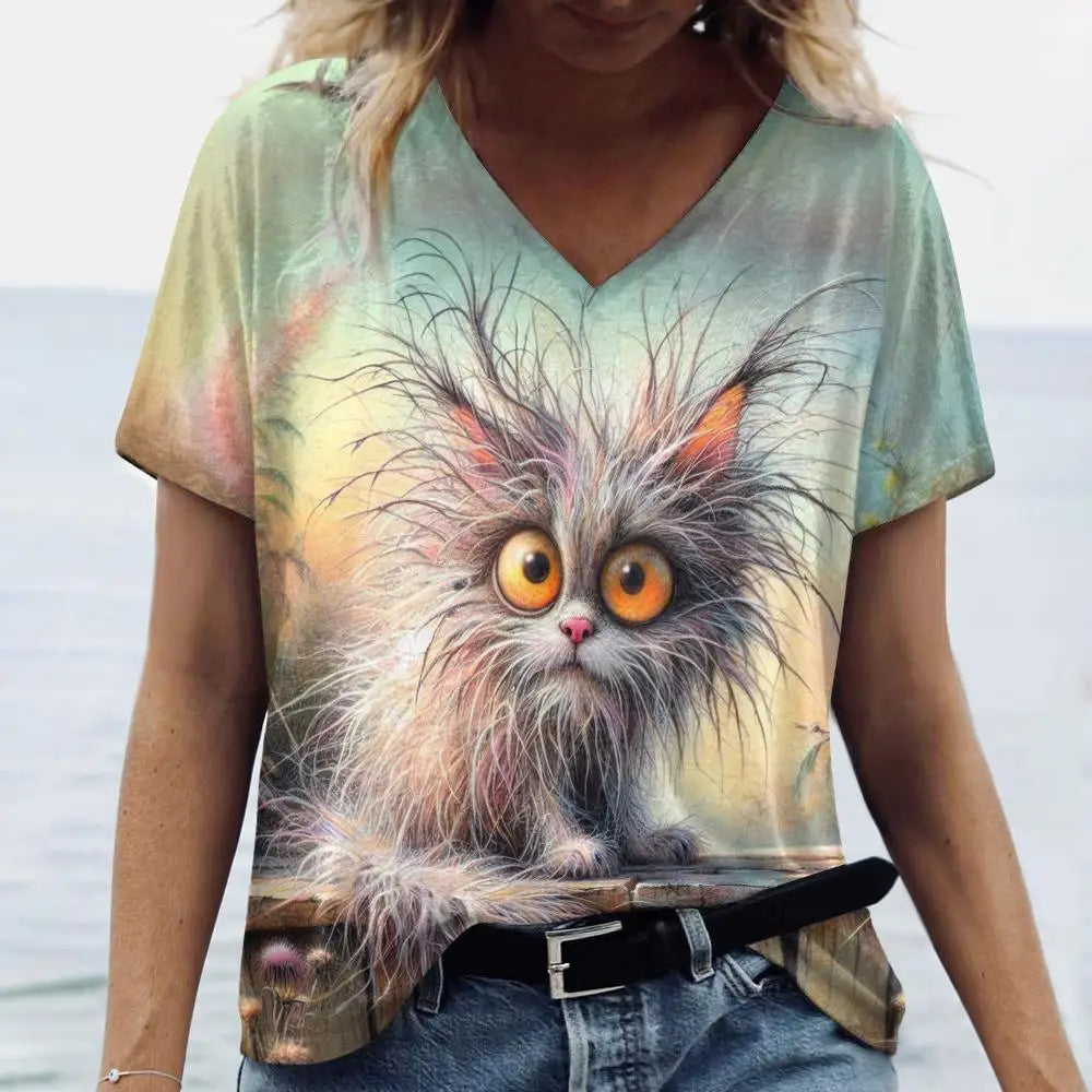Women’s 3D Cat Print T-Shirt Casual Oversized Tee, Short Sleeve Crew Neck Streetwear