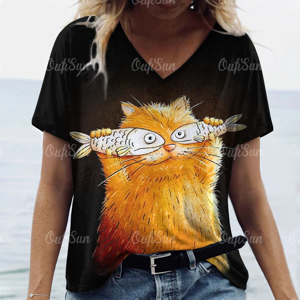 Women’s 3D Cat Print T-Shirt Casual Oversized Tee, Short Sleeve Crew Neck Streetwear