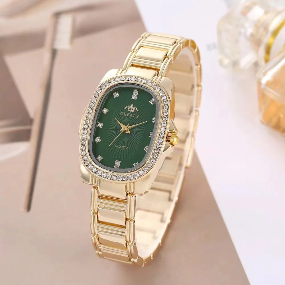Women's Green Dial Quartz Watch – Diamond Accent & Steel Bracelet Design