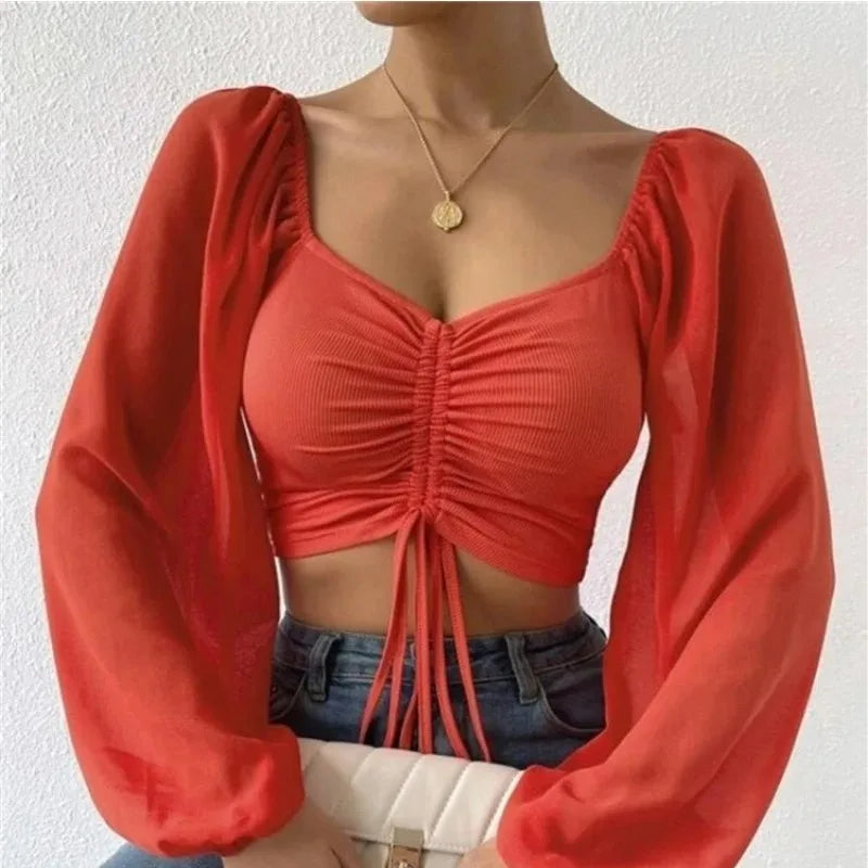 Sexy Women’s Mesh Lantern Sleeve T-Shirt Drawstring Wrap Chest, Bare Midriff, Long Sleeve, Bottoming Top
