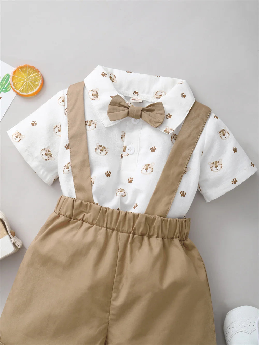 2PCS Baby Boy Outfit Tiger Print Shirt & Strap Shorts Birthday Party Set