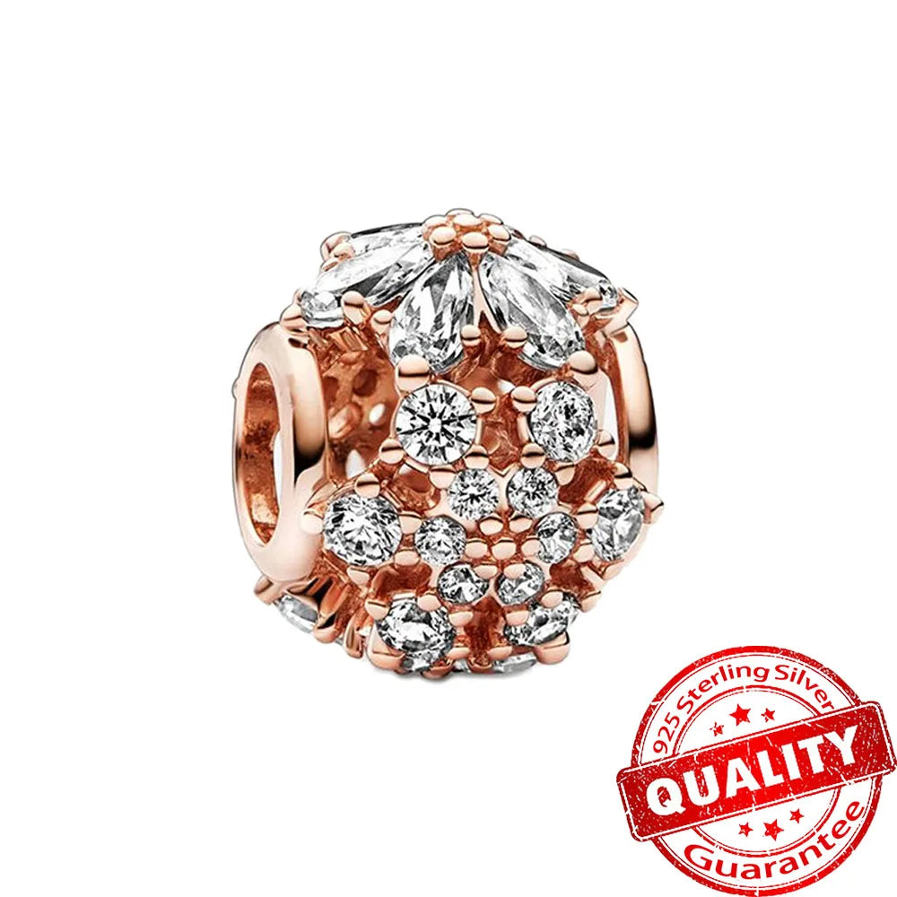 Rose Gold Triple-Row Cherry Blossom Dangle Charm for Silver Bracelet