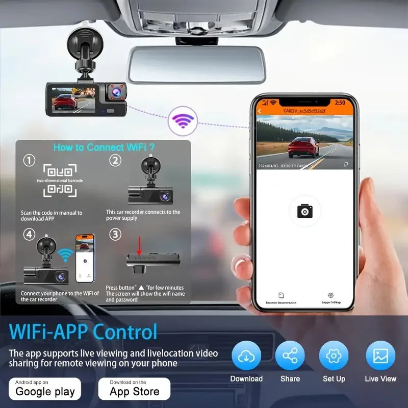 3-Camera Dash Cam 1080P WiFi Car DVR Front & Rear Night Vision Recorder