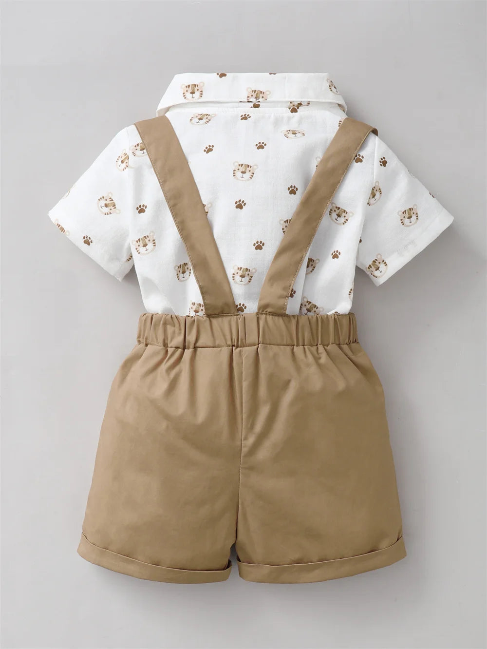 2PCS Baby Boy Outfit Tiger Print Shirt & Strap Shorts Birthday Party Set