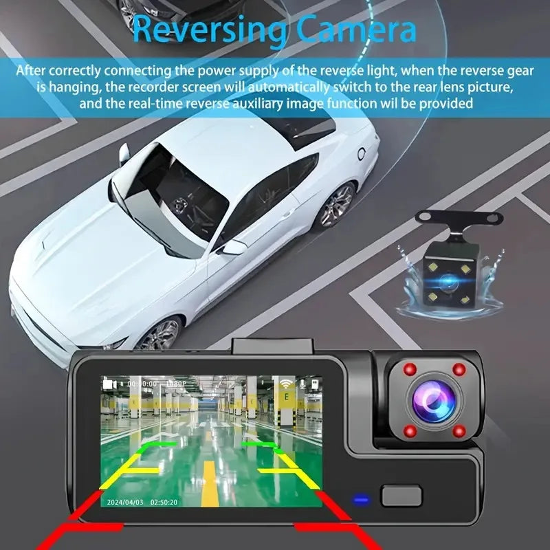 3-Camera Dash Cam 1080P WiFi Car DVR Front & Rear Night Vision Recorder