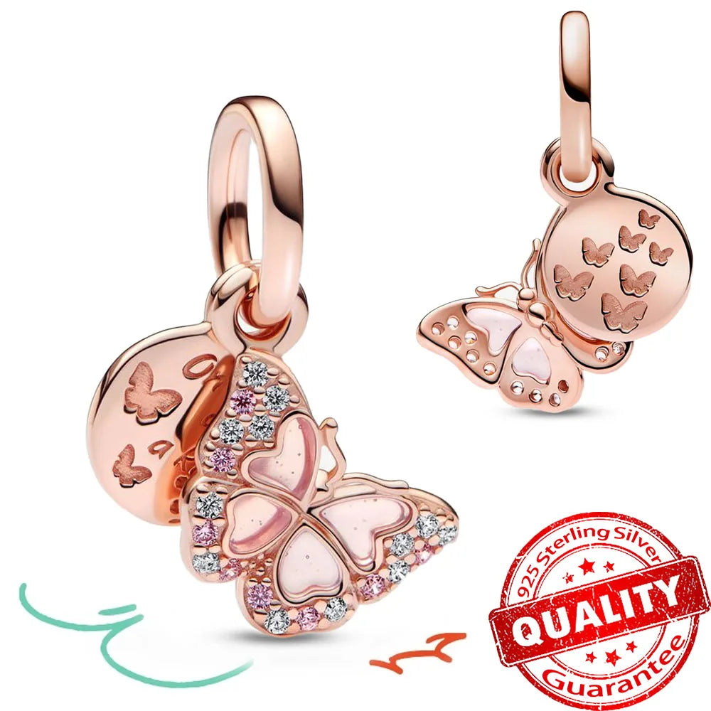 Rose Gold Triple-Row Cherry Blossom Dangle Charm for Silver Bracelet