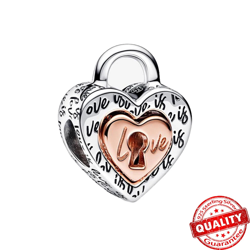 Rose Gold Heart Padlock Key Charm 925 Sterling Silver Bracelet Jewellery Gift
