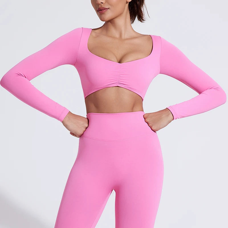 Women's Long Sleeve Crop Top Yoga Shirt Gym Fitness Workout Sports Tee