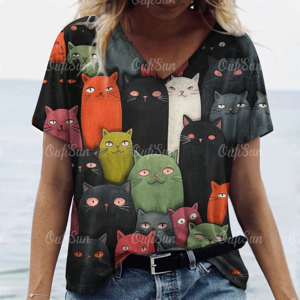 Women’s 3D Cat Print T-Shirt Casual Oversized Tee, Short Sleeve Crew Neck Streetwear