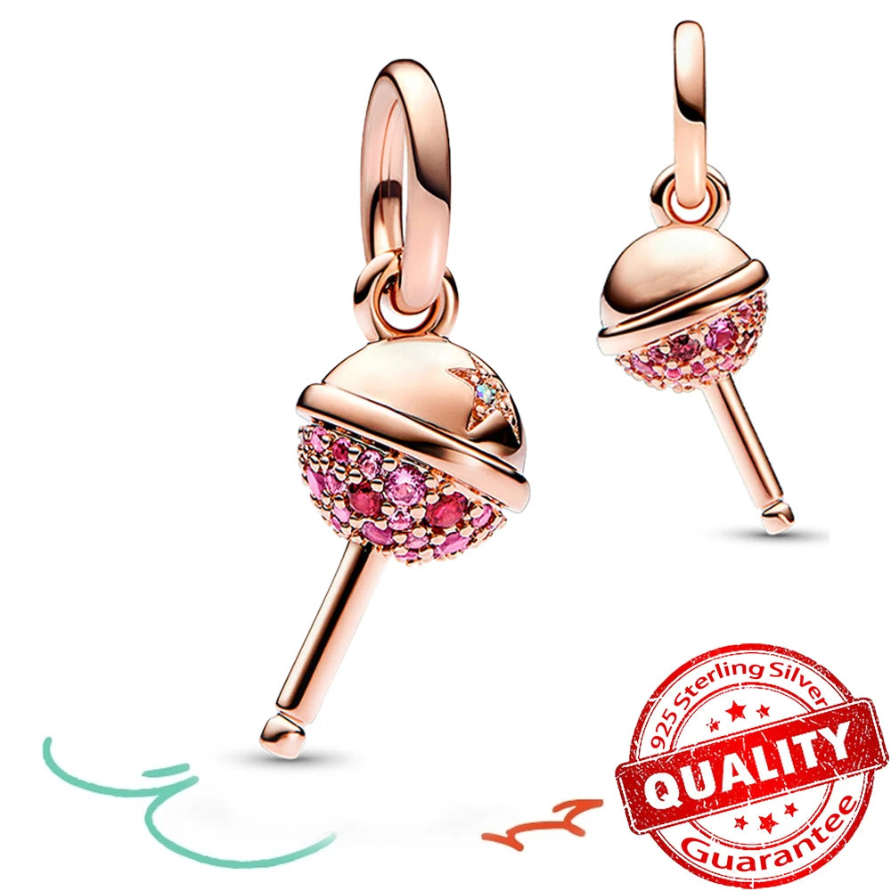 Rose Gold Triple-Row Cherry Blossom Dangle Charm for Silver Bracelet
