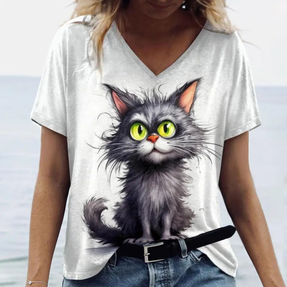 Women’s 3D Cat Print T-Shirt Casual Oversized Tee, Short Sleeve Crew Neck Streetwear