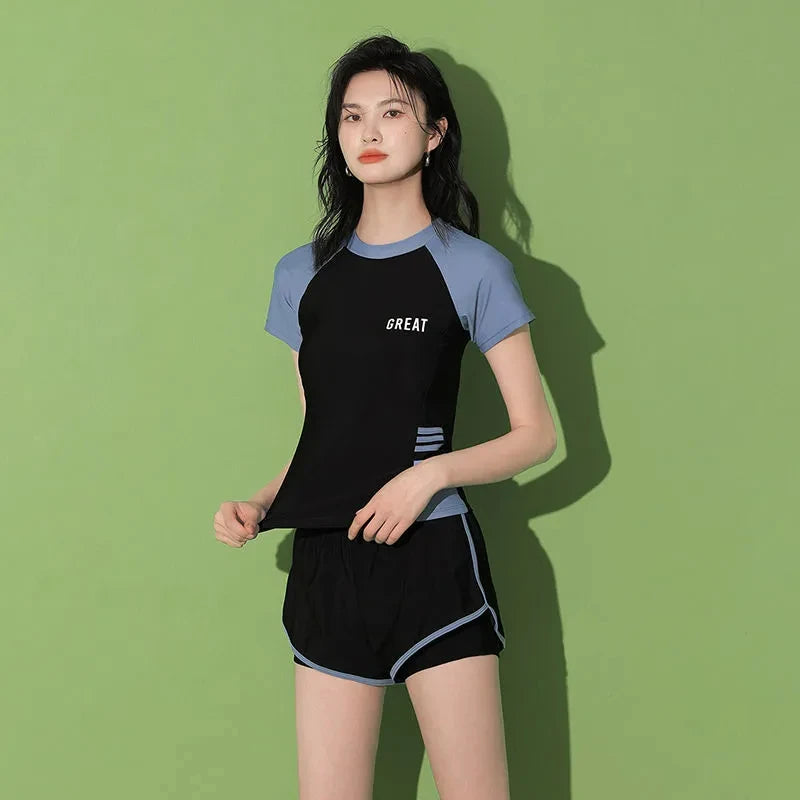 Women's Short Sleeve Two-Piece Swimsuit Sporty Patchwork Swimwear, Beach & Pool Wear"