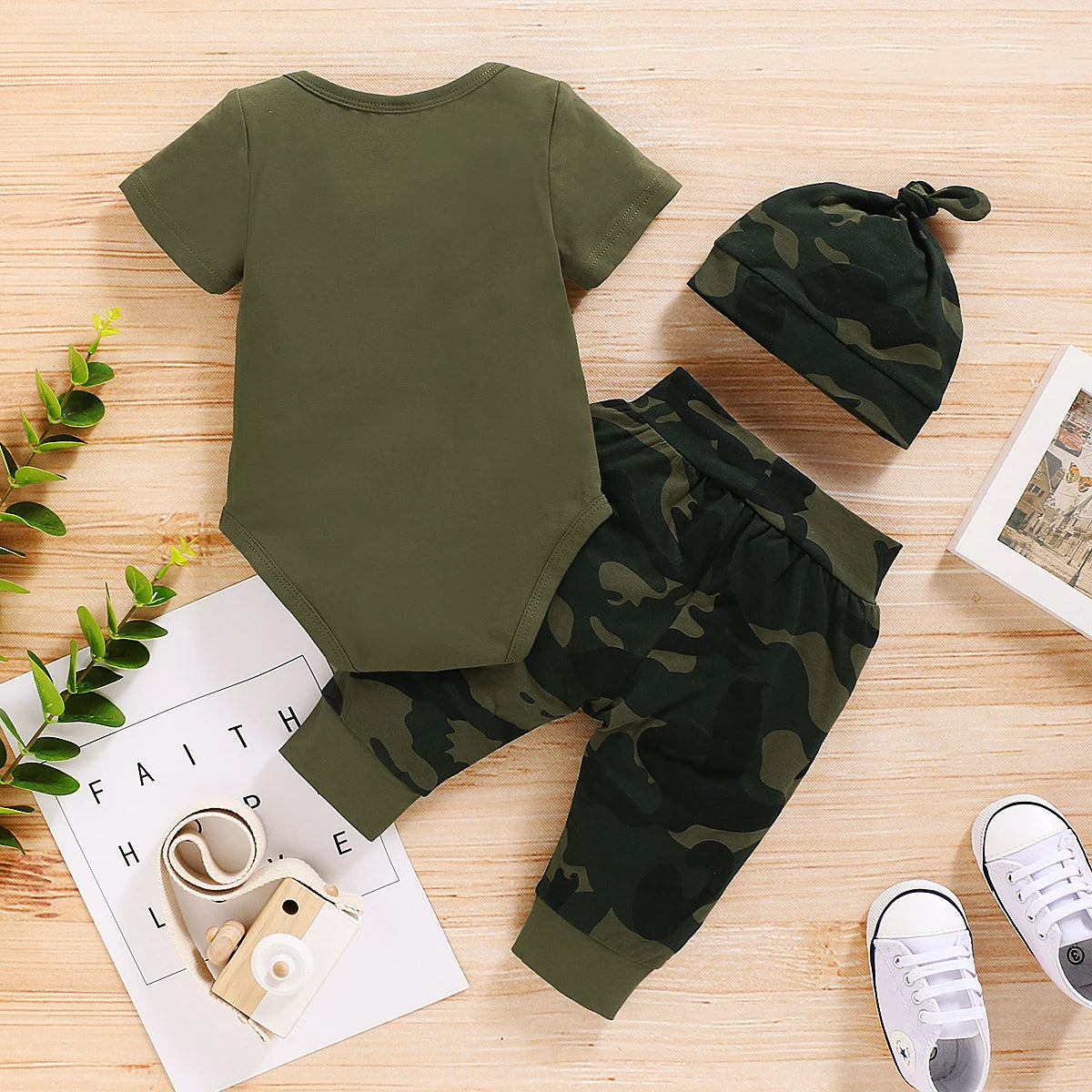 Newborn Baby Boy Summer Outfit Romper + Camouflage Pants + Hat 3PCS Set