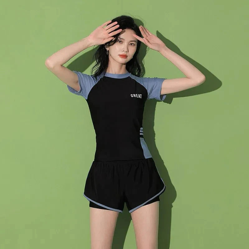 Women's Short Sleeve Two-Piece Swimsuit Sporty Patchwork Swimwear, Beach & Pool Wear"