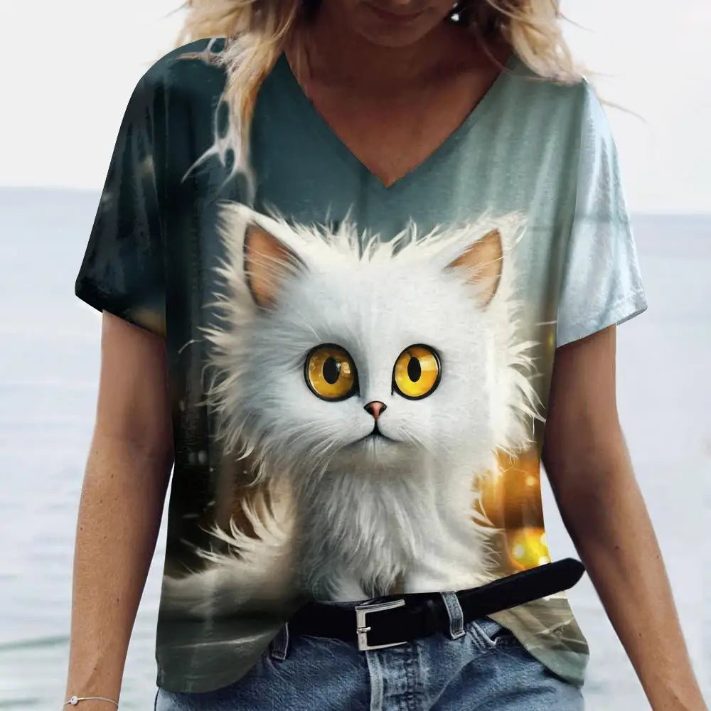 Women’s 3D Cat Print T-Shirt Casual Oversized Tee, Short Sleeve Crew Neck Streetwear